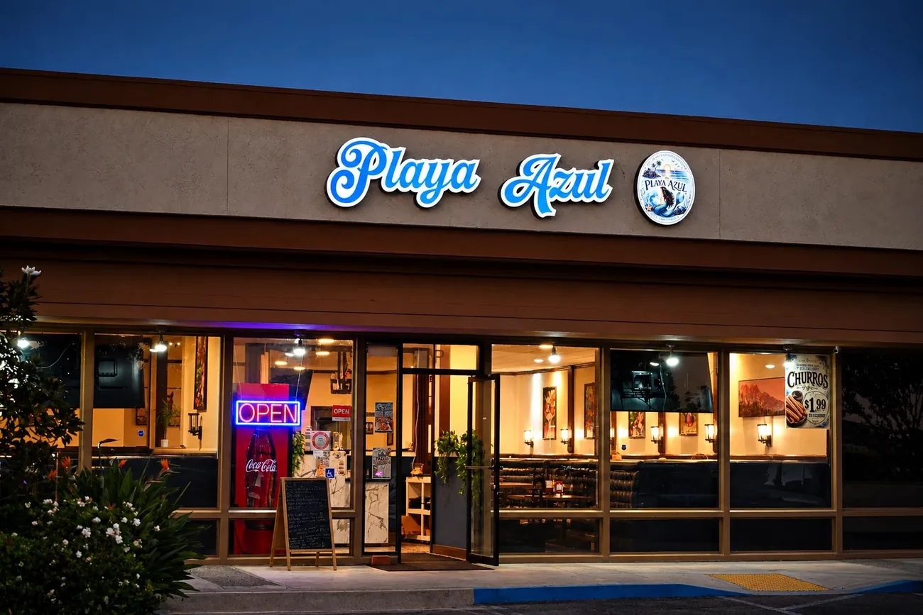 The front of Playa Azul at dusk — blue Playa Azul sign above the entrance, dining room lit inside